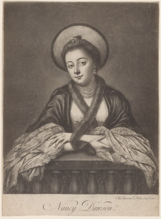 Mezzotint portrait of Nancy Dawson, an 18th-century English dancer, seated and facing the viewer in formal dress with jewels.