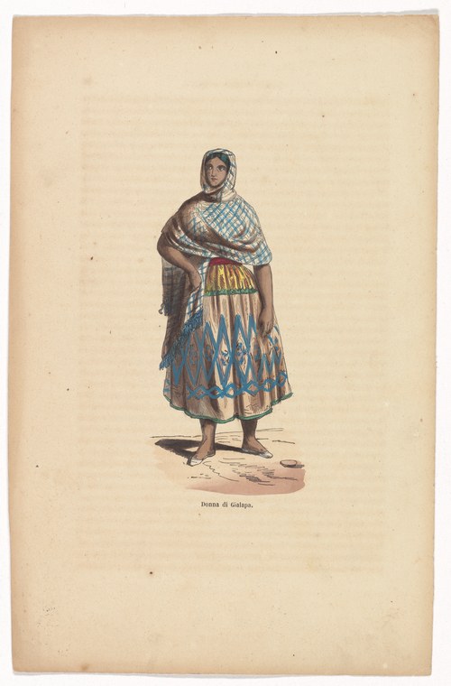 A woman in traditional embroidered dress stands barefoot facing the viewer, wearing a checkered headscarf and ornate geometric-patterned skirt in blue, yellow