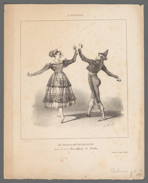 A man in dark jacket and tights and a woman in white gathered dress raise their hands toward each other in an energetic Spanish dance pose, circa 1834.