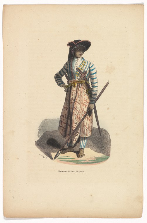 Single figure in striped blue jacket and patterned skirt, holding a long staff, wearing an ornate headdress, standing against a cream background.