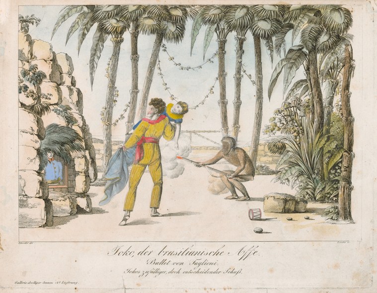 Hand-colored engraving of a tropical garden scene with a man in yellow lifting a child while two other figures gesture nearby.