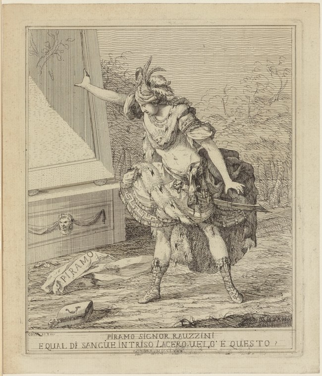 A woman in classical dress arches backward in despair while a satyr steadies her; a dagger lies on the ground before them.