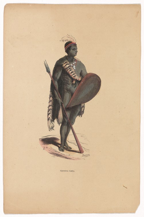 A dark-skinned figure in feathered headdress stands in a forward-leaning pose, holding a shield and spear, against a cream background.