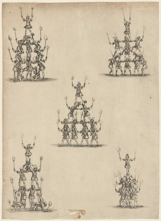 Five pen-drawn acrobatic pyramids of varying heights, each formed by stacked muscular performers topped with raised arms holding implements.