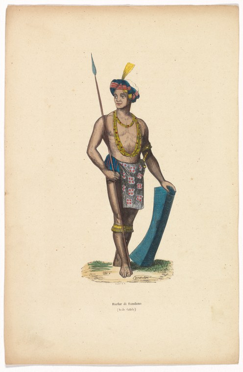 Hand-colored engraving of a standing figure in turban and beaded ornament holding a spear and shield, isolated against plain background.