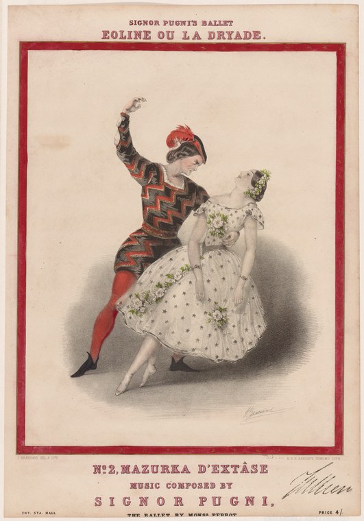 A male dancer in red costume lunges forward with arm raised, facing a seated female dancer in white tulle decorated with ivy wreaths.