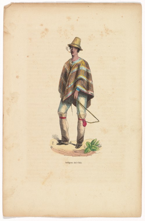 Hand-coloured engraving of a standing man in indigenous Chilean dress: poncho, straw hat, and holding a staff.