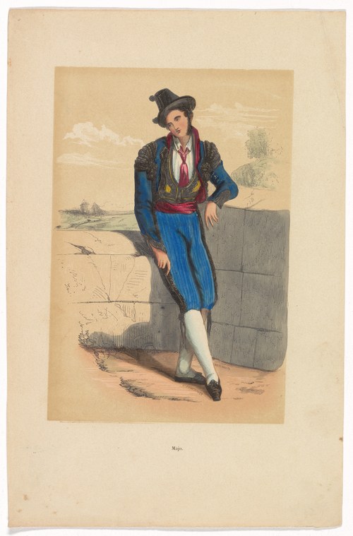 A man in deep blue jacket with red trim and burgundy vest stands at ease, holding a bicorne hat, in a hand-colored lithograph.