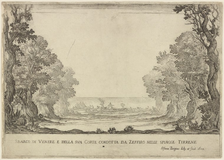 Engraving showing empty Tyrrhenian shore framed by tall trees, with fleet of ships approaching sea in distance, 1623.