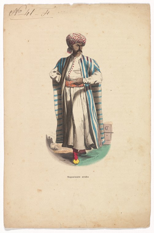Formal standing figure in Ottoman dress: blue striped robe, white undergown, red belt, turban. Static pose against cream ground.
