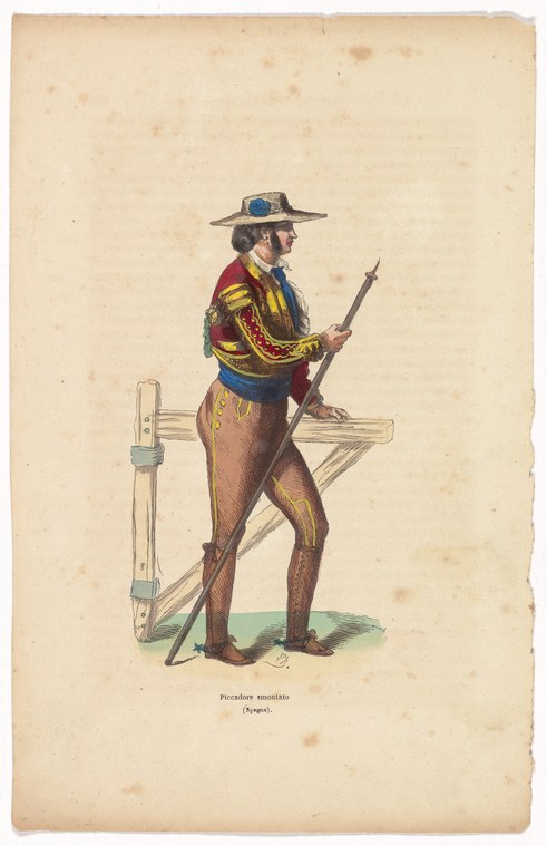 Hand-coloured engraving of a soldier in military dress holding a rifle, wearing a plumed hat and decorated coat.