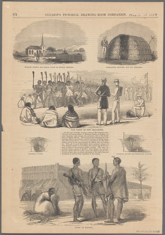 Wood engraving showing indigenous peoples at a gathering with European observers, plus architectural and figure studies.