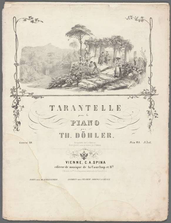 Engraved sheet music cover showing a pastoral vignette of figures dancing beneath trees, titled Tarantelle pour le Piano by Th. Döhler.