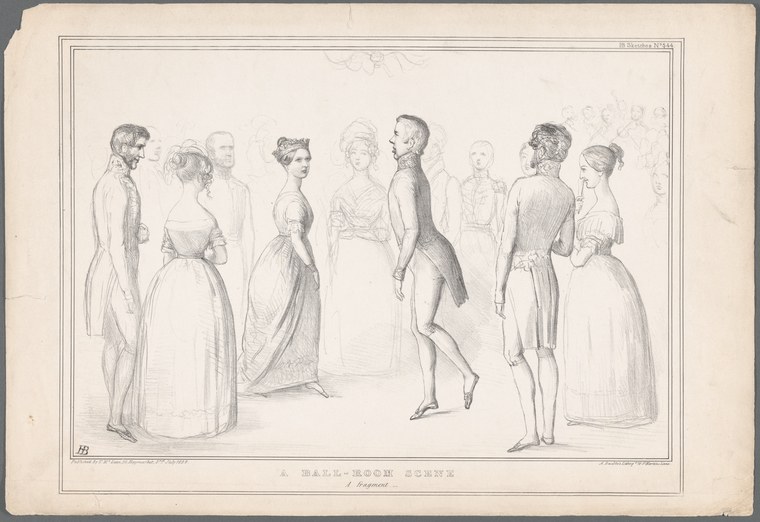 Nine figures in regency-era dress standing in a ballroom; men in tailcoats, women in high-waisted gowns, arranged in conversational clusters.
