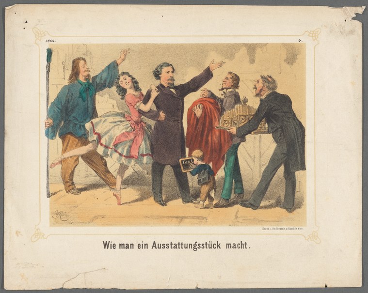 Colored lithograph: a woman in a pink dress stands in a raised theatrical pose, surrounded by six men in dark coats gesturing and observing her in a backstage