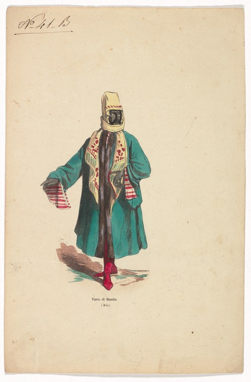 Woman in 19th-century Scandinavian folk costume: teal coat over burgundy dress, white headdress, holding fabric swatches.