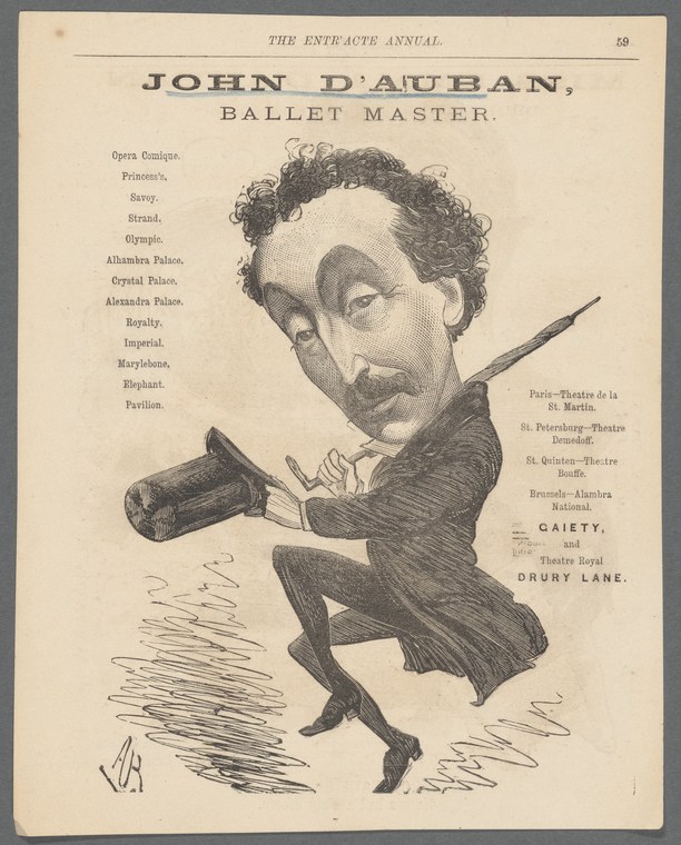 Ink caricature of a man's head above a balletically posed body in mid-leap, wearing formal dress.