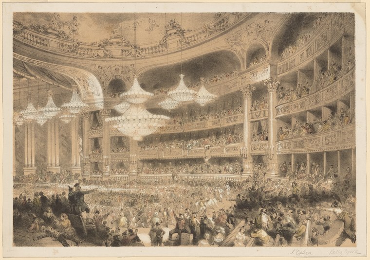Interior of a grand opera house ballroom crowded with formally dressed people in multiple tiers of seating and the main floor