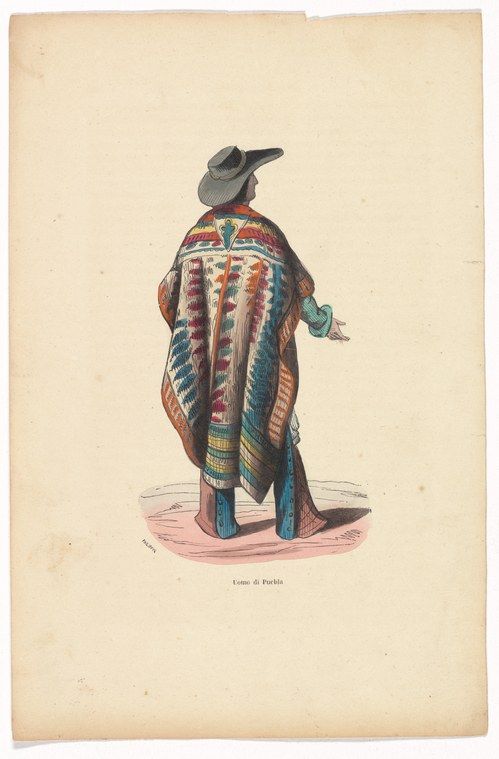 Figure viewed from behind wearing a dark hat, patterned woven manta in rust and cream stripes, and teal leg wrappings, against a pale background.