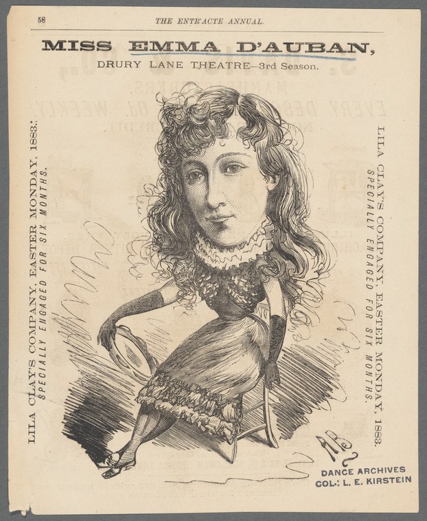 Engraved portrait of a woman in Victorian theatrical costume holding a fan, with elaborate hair and ornate bodice.