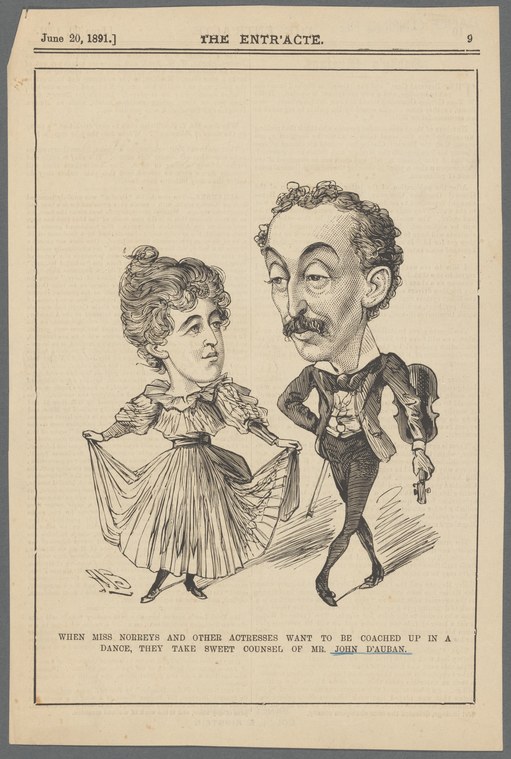 Caricature showing a woman in 1890s dress and a man in formal evening wear leaning toward her in an attitude of instruction.