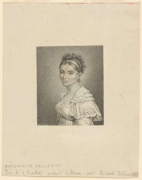 Stipple engraving of a young woman in Regency dress with upswept hair, wearing a white gown with ruffled off-shoulder sleeves.