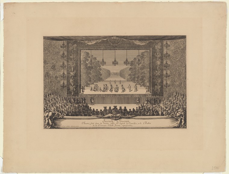 Bird's-eye view of an ornate 17th-century theater with a formal stage and densely packed audience, showing a court ballet performance.
