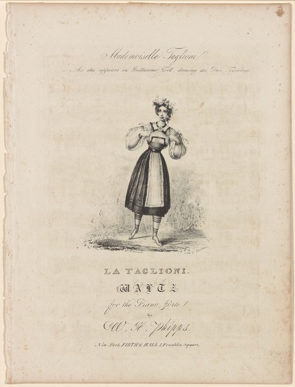 Engraved portrait of Marie Taglioni in Tyrolese costume, standing in a frontal pose with raised arm and floral wreath, early 19th century.