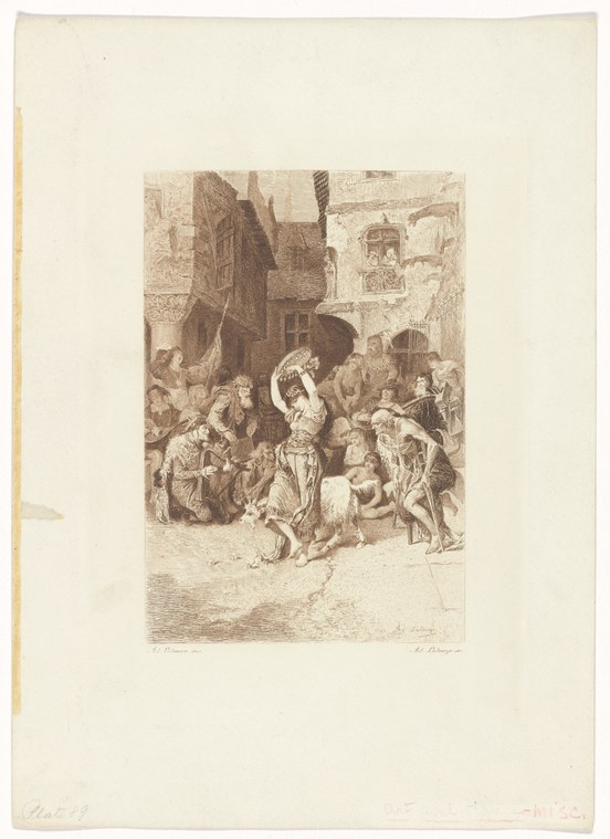 Woman in white dress performs extreme backbend for gathered crowd in narrow medieval street, surrounded by onlookers in sepia-toned etching.