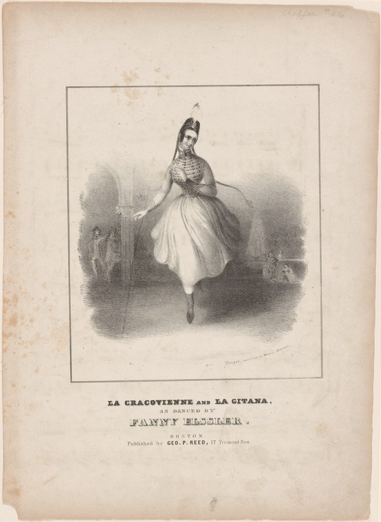 Woman in Romantic-era ballet costume, posed in profile-three-quarter view with rounded arms and weight on one leg; faint figures in background suggest a stage