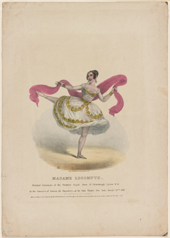 Woman in white short-skirted ballet dress with floating pink silk, balanced in a turn, November 1837.