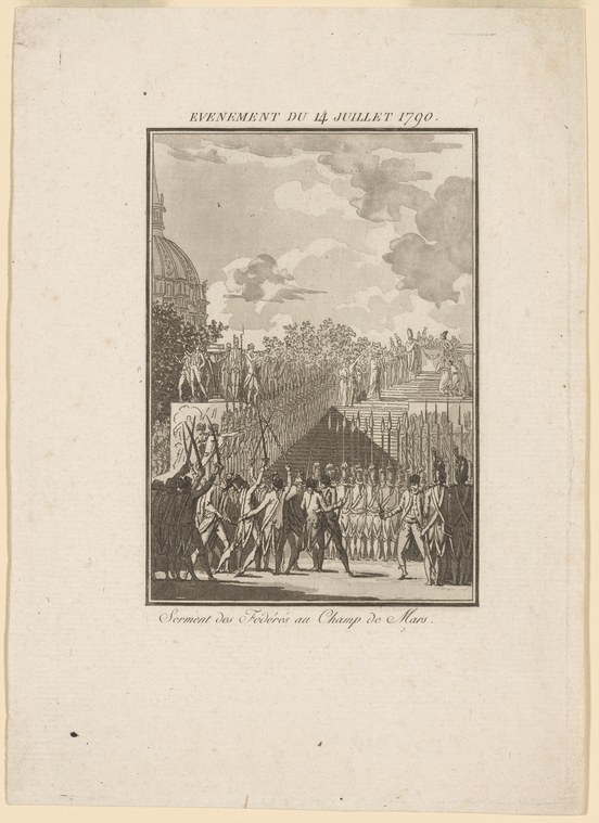 Engraving showing a dense crowd of uniformed figures in rigid rows assembled at the Champ de Mars for a formal civic ceremony.