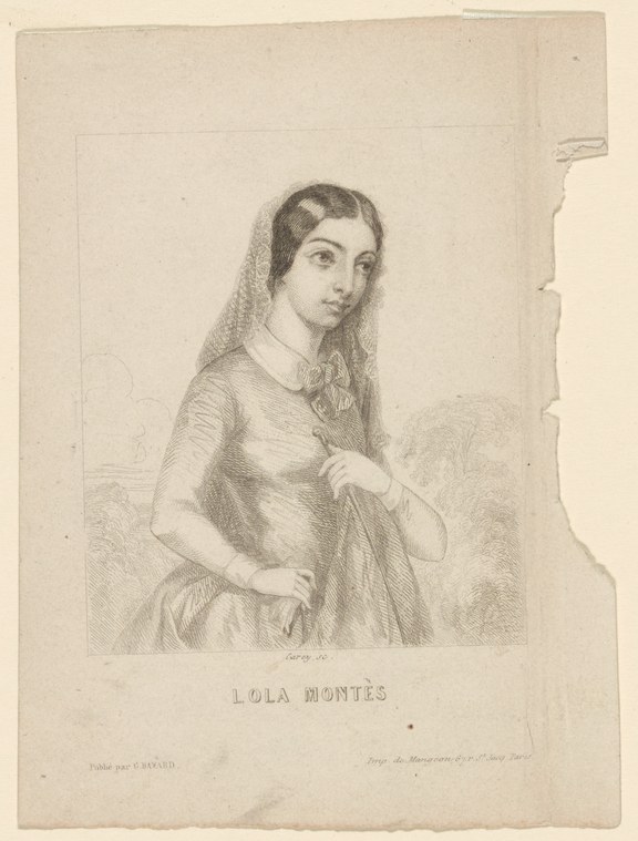 Three-quarter-length engraved portrait of a young woman in 1840s dress, looking away, with a shawl and veil.