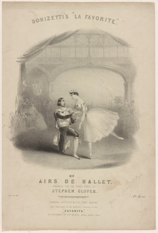 A man in dark period dress kneels before a woman in a pale tulle ballet skirt and corseted bodice in a vaulted palace interior.