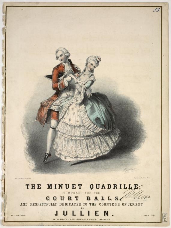 An 18th-century engraving of a man in russet coat and woman in white lace gown posed as partners in the minuet quadrille.