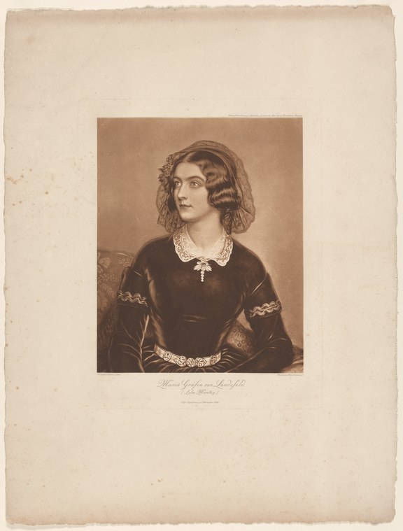 Formal engraved portrait of a young woman in dark velvet dress with white lace collar and cuffs, identified as Lola Montez.