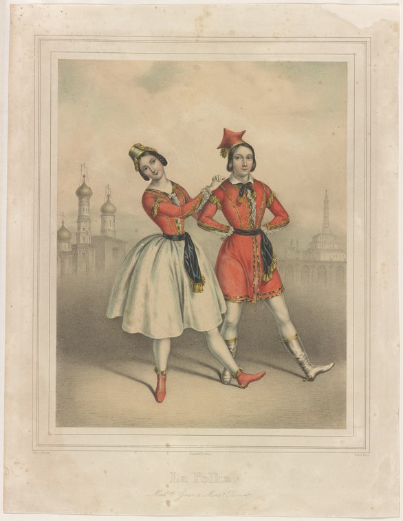 Two dancers in red velvet costumes perform the polka on a stage, with Russian church spires visible in the backdrop.