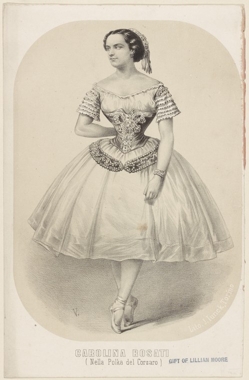 Engraved portrait of a ballerina in a white embroidered dress and pointe shoes, standing in refined pose.
