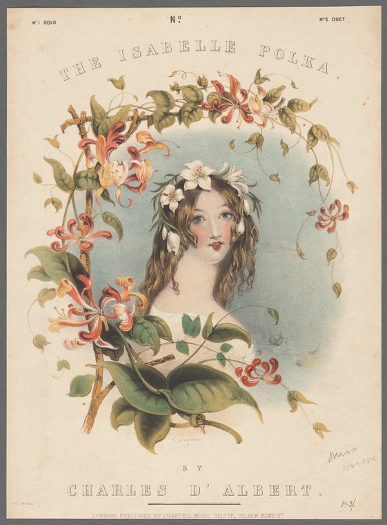 Woman's portrait in floral oval frame with upturned gaze and flowers in her hair, surrounded by ornamental vines and butterflies.