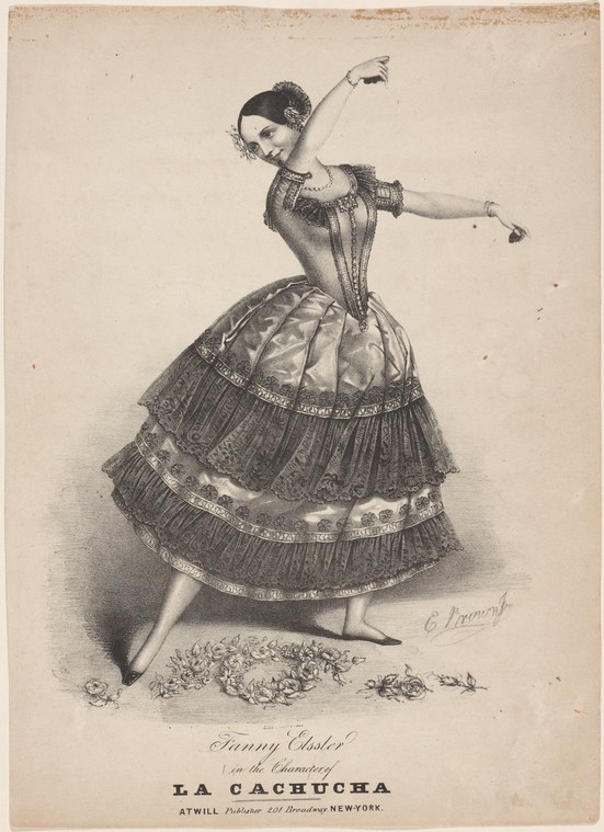 Fanny Elssler in theatrical pose executing the Cachucha, a Spanish dance, wearing a dark corseted bodice and tiered pale skirt decorated with dark ribbons.