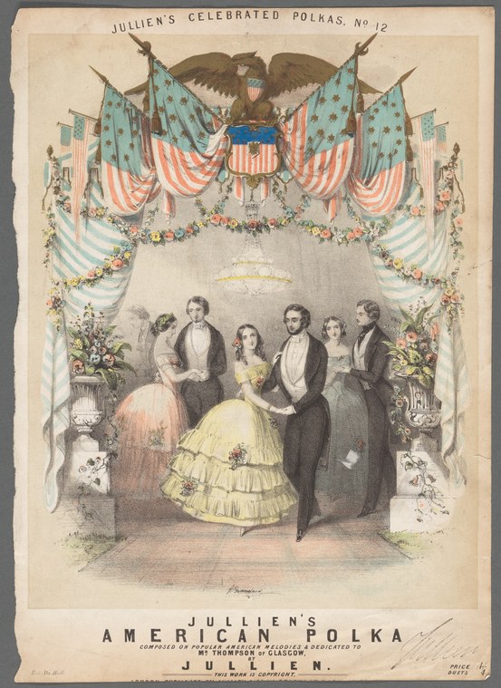 Hand-colored lithograph of six figures in 1850s dress dancing a polka in a formal ballroom, framed by patriotic American drapery and an eagle.