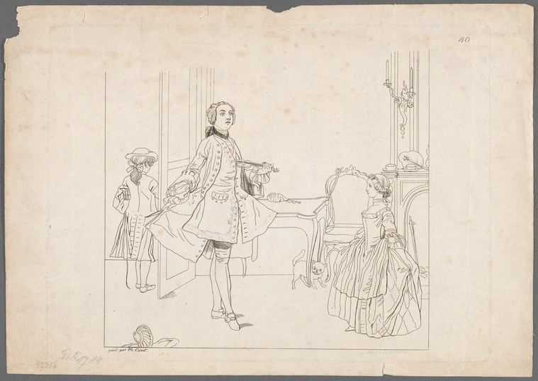 An 18th-century pen drawing of a dancing master demonstrating a step to two young students in a formal interior room.