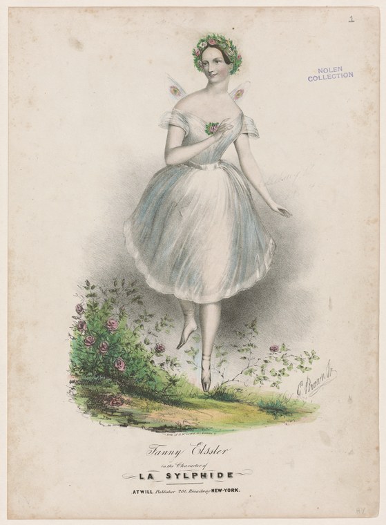 A young woman in a pale tulle skirt and flower crown stands alone in a garden, posing as the supernatural Sylphide character from Romantic ballet.