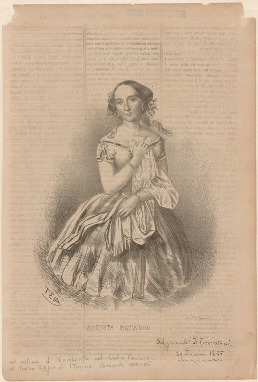 Portrait of a woman in romantic ballet dress: white off-shoulder tutu, dark hair, poised in a graceful stance.