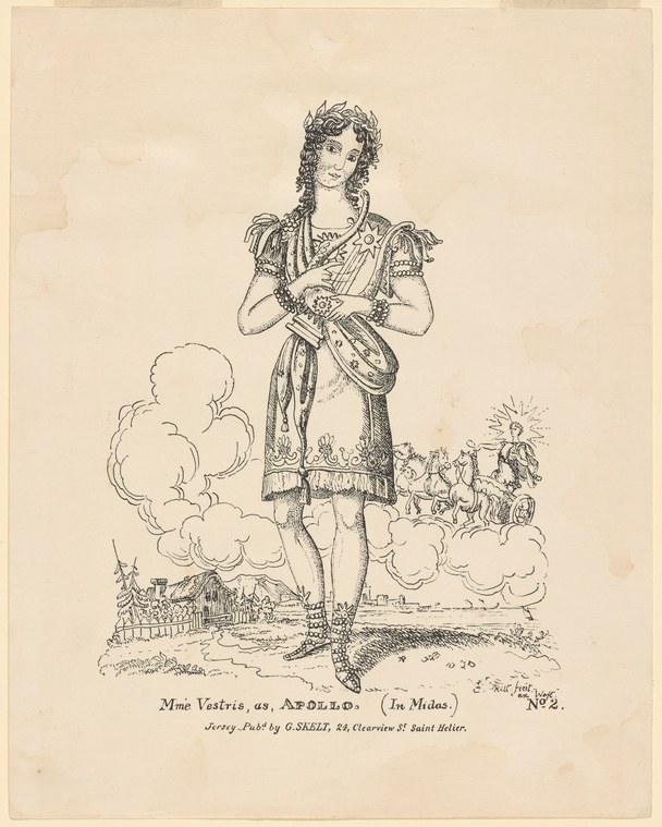 Engraving of a woman in Regency dress holding a lyre, crowned, standing above a miniature theatrical scene with smoke and crowds.