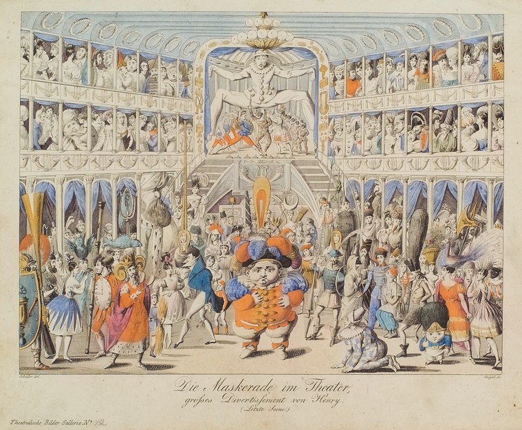 Hand-colored engraving of a crowded masquerade theater scene with dancers in baroque costume around a central crucifixion figure, framed by architectural