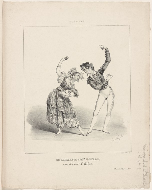 Two dancers in theatrical dress face each other with raised arms in the Bolero, a neoclassical engraving.