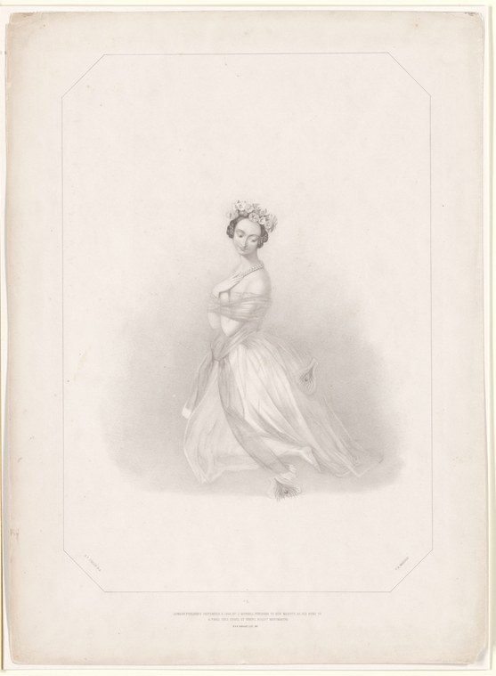A ballerina in a fitted bodice and full, flowing skirt stands in profile, arms gracefully positioned, in a classical pose.