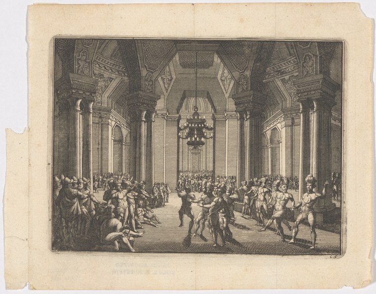 Engraved ballroom scene: crowd of formally dressed figures in a grand colonnaded hall with central chandelier.