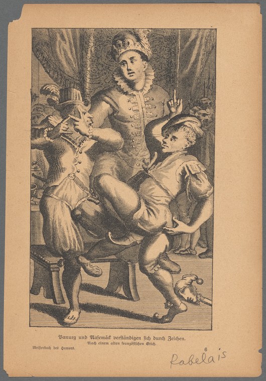 Engraving of a woman and man in court dress facing each other with palms raised, gesturing expressively, with a putti below.
